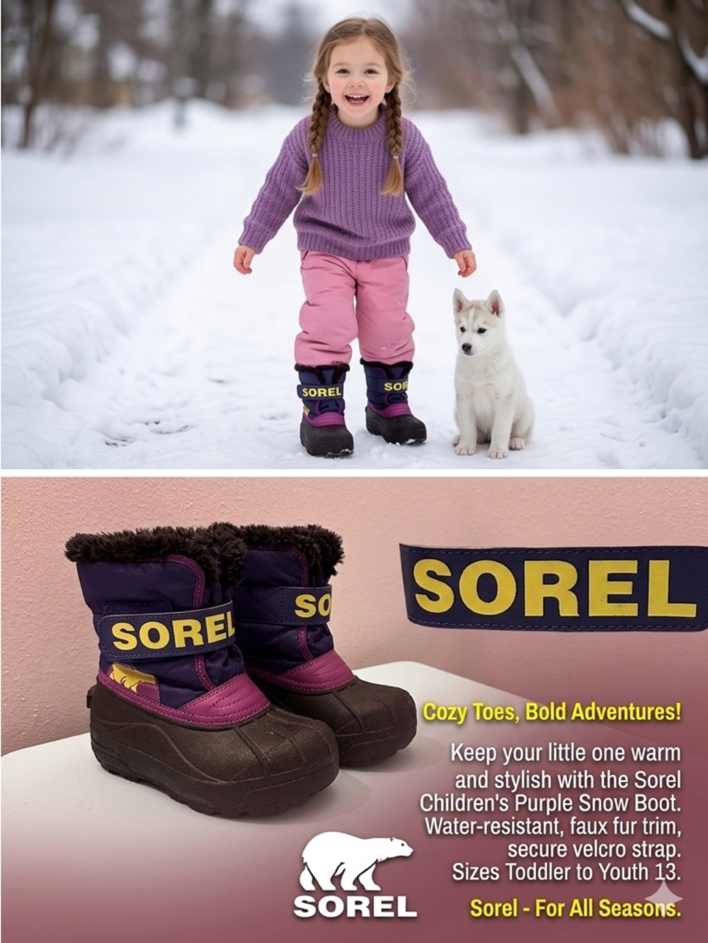 Sorel Kids Purple, Pink, and Yellow Insulated Snow Boots size 12